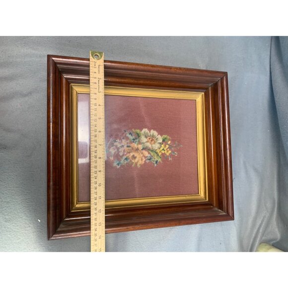 Vintage Framed Floral Needlepoint Art with Wood Frame & Glass Cover - Picture 9 of 11